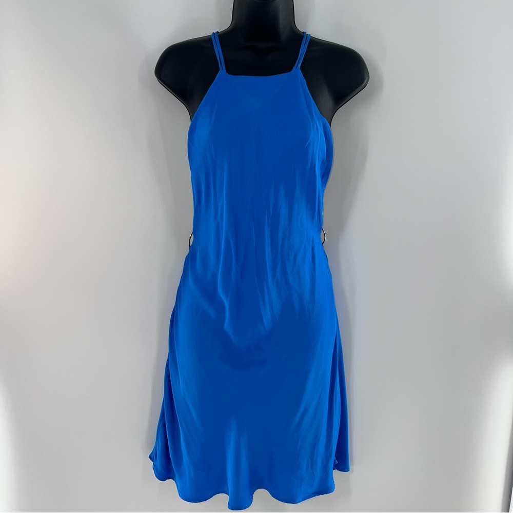 Zara Vibrant Blue Satiny Strappy Summer Mini Dress w/Silver Rings Details-Size L